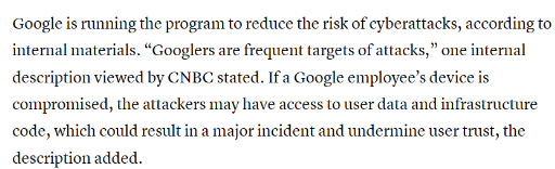 谷歌：为降低网络攻击风险，正开展员工内网办公计划