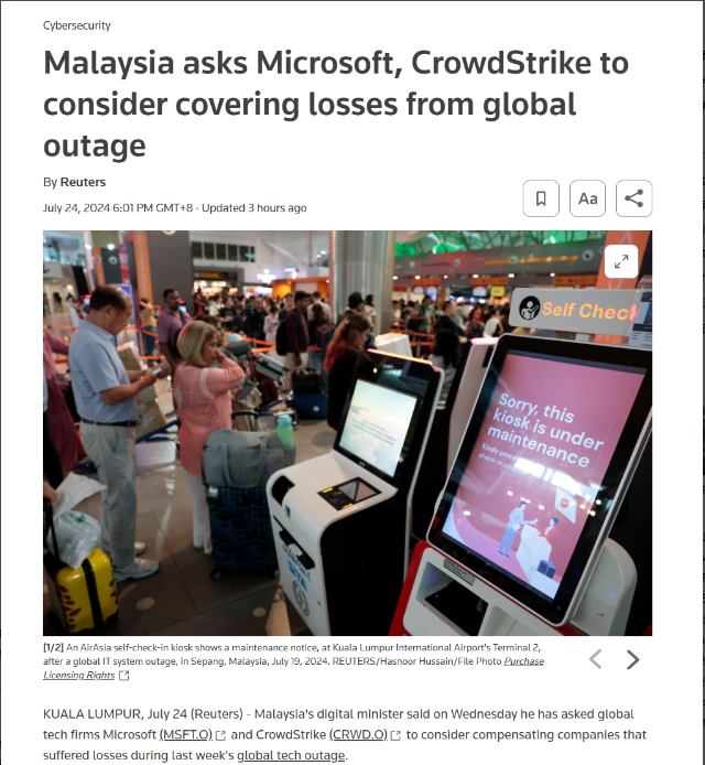 Windows 大范围蓝屏致企业遭受损失，马来西亚向微软、CrowdStrike“索赔”
